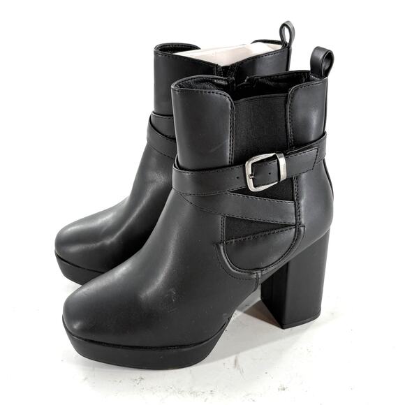 MIA Esther Platform Booties 7 Black NWOT Boots Ankle Wrap Buckle Heel 90s - Picture 4 of 10
